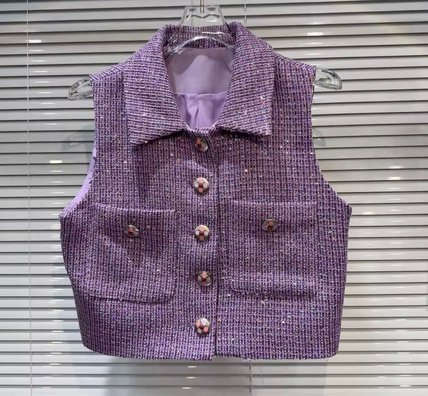 Women Button Up Sleeveless Tweed Two Piece Short Set