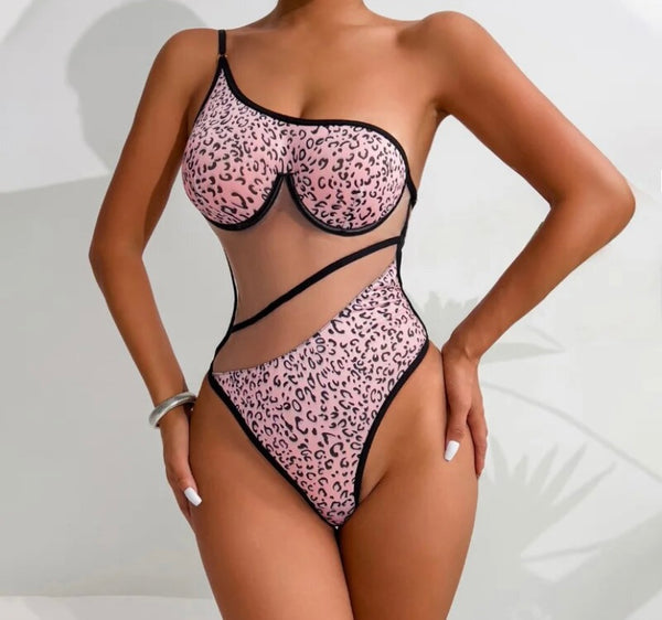 Women Sexy One Shoulder Pink Leopard Print Bodysuit Lingerie