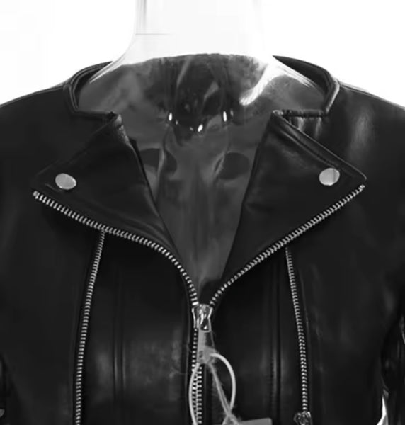 Women Fashion Black Mesh Faux Leather Buckled Jacket