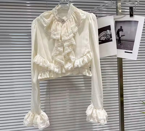 Women Button Up Ruffled Full Sleeve Two Piece B&W Skirt Set