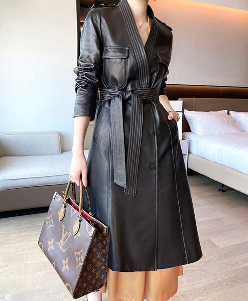 Women Fashion Color Faux Leather Belted Trench Jacket