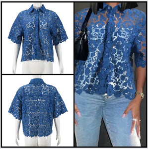 Women Sexy Fashion Blue Lace Short Sleeve Button Up Top