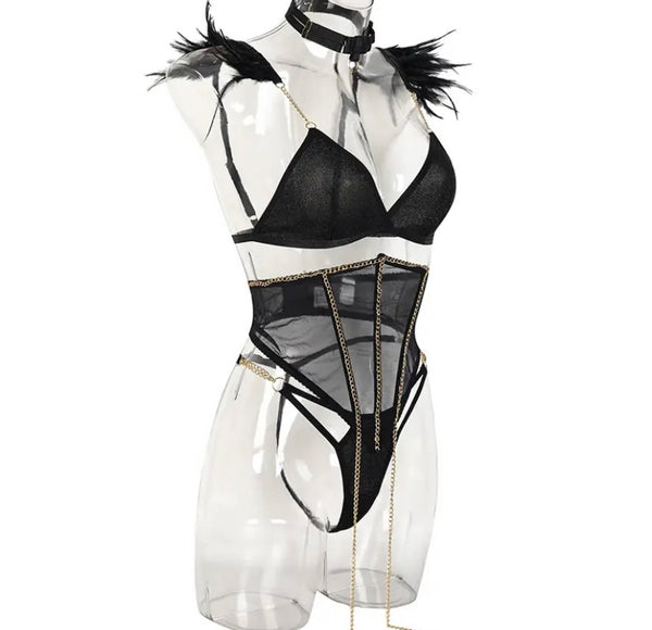 Women Sexy Black Bling Feather Lingerie Set