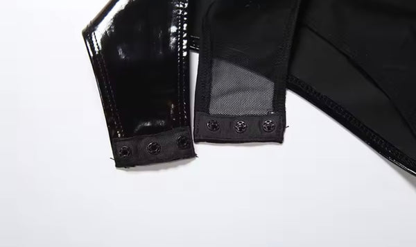 Women Sexy Black PU Mesh Zip Up Bodysuit Two Piece Skirt Set