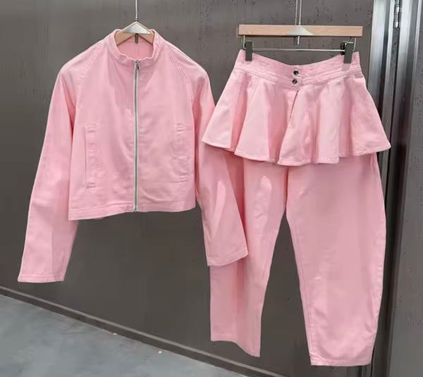 Women Pink Zip Up Jacket Fashion Three Piece Pant Set
