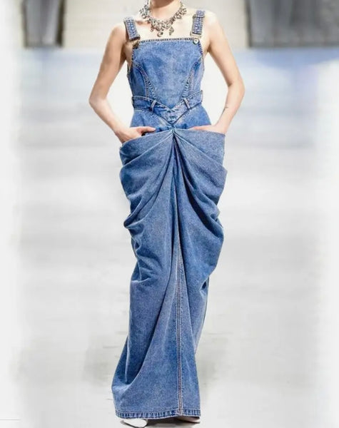 Women Fashion Sleeveless Ruched Pocket Denim Maxi Dress