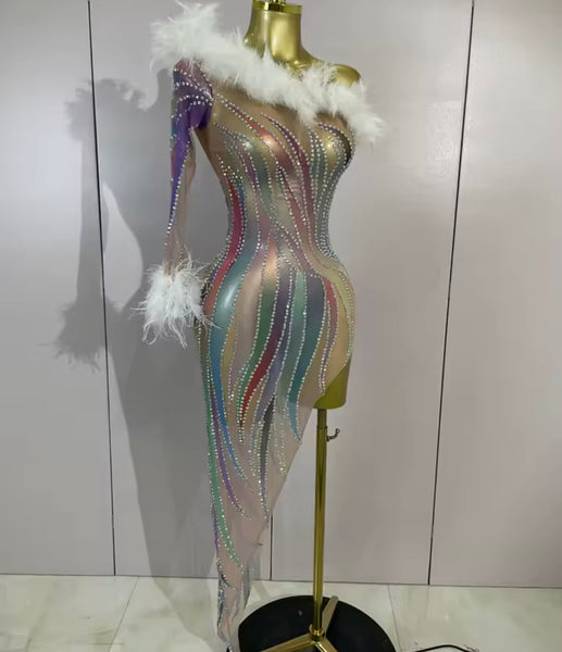 Women Sexy One Shoulder Feather Colorful Rhinestone Dress