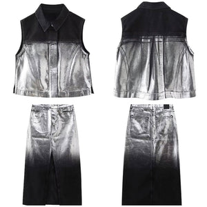 Women Fashion Sleeveless Metallic Gradient Two Piece Denim Skirt Set