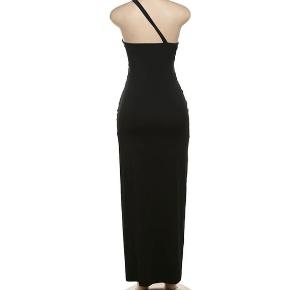 Women Black Sexy One Shoulder Sleeveless Cut Out Maxi Dress