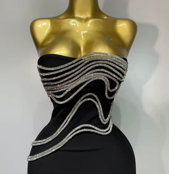 Women Black Sexy Strapless Rhinestone Maxi Dress