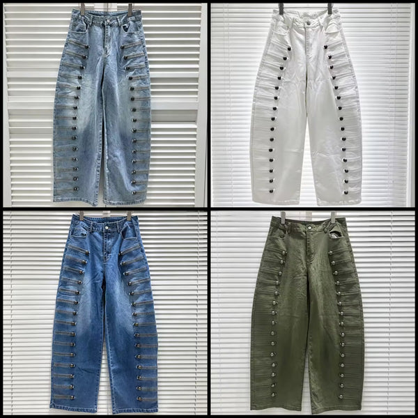 Women Fashion Metal Button Patchwork Denim Pants