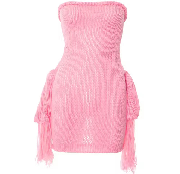 Women Pink Strapless Sexy Knitted Fringe Tassel Dress