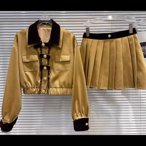 Women Fashion Velour Jacket Two Piece Pleated Skirt Set