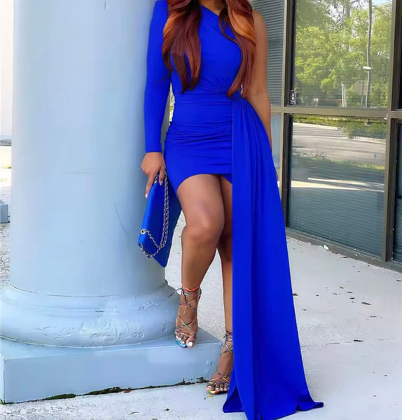 Women Color One Shoulder Full Sleeve Ruched Tassel Dress