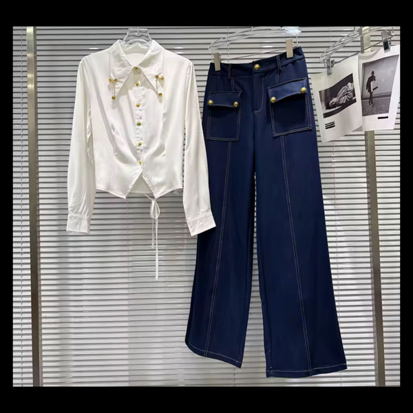 Women White Collar Button Up Full Sleeve Two Piece Denim Pant Set