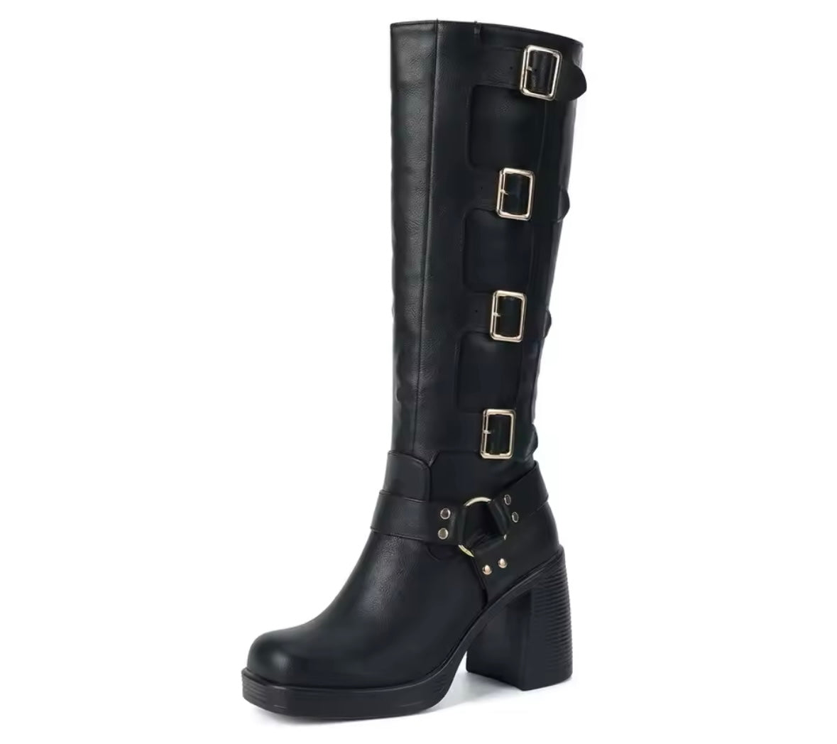 Women Color Fashion Square Toe Buckled Knee High Boots