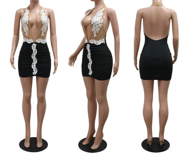 Women Sexy Sleeveless Mesh Bling Patchwork Black Dress