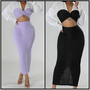 Women Sexy Color Patchwork Full Sleeve Crop Two Piece Maxi Skirt Set