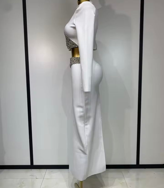 Women Beaded Bling Full Sleeve Sexy Two Piece Maxi Skirt Set
