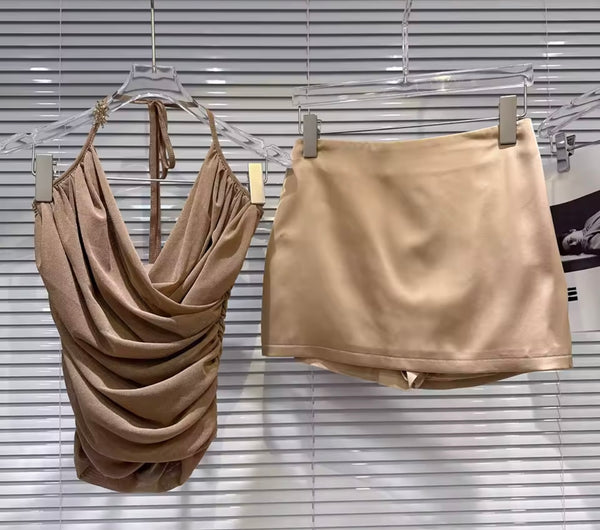 Women Sexy Ruched Halter Sleeveless Satin Two Piece Skirt Set