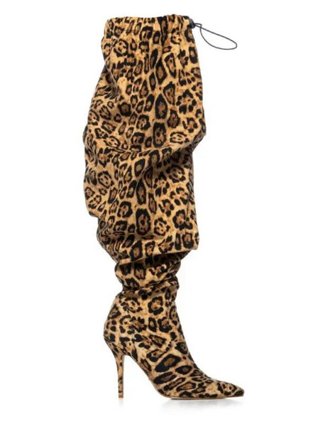 Women Fashion Leopard Drawstring Ruched Knee High Boots