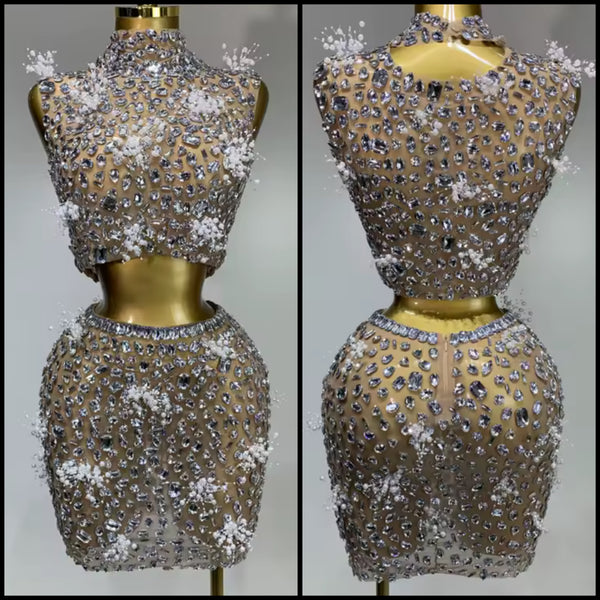 Women Pearl Rhinestone Mesh Sleeveless Sexy Two Piece Skirt Set