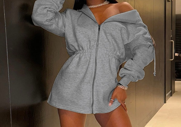 Women Gray Hooded Front Zipper Fashion Sweater Dress