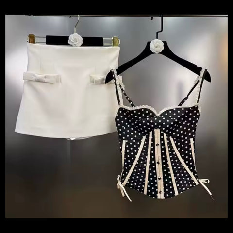 Women Sleeveless Polka Dot Two Piece Bow Skirt Set