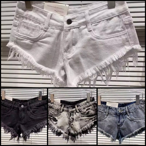 Women Fashion Ripped Fringe Denim Shorts