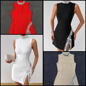 Women Sexy Sleeveless Bling Rhinestone Patchwork Dress