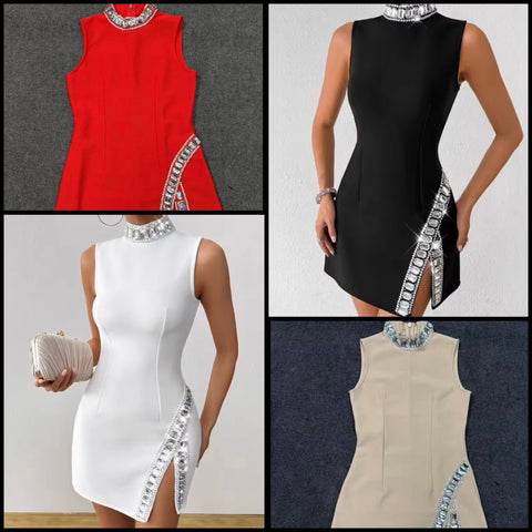 Women Sexy Sleeveless Bling Rhinestone Patchwork Dress