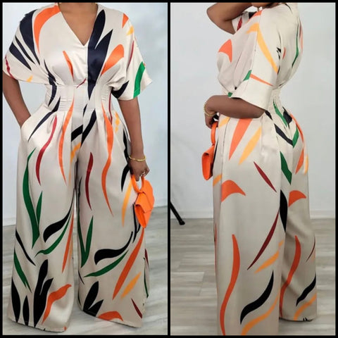 Women Sexy Printed Short Sleeve Wide Leg Jumpsuit