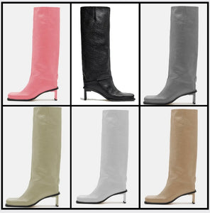 Women Square Toe Faux Leather Fashion Knee High Boots