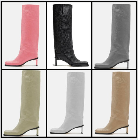 Women Square Toe Faux Leather Fashion Knee High Boots