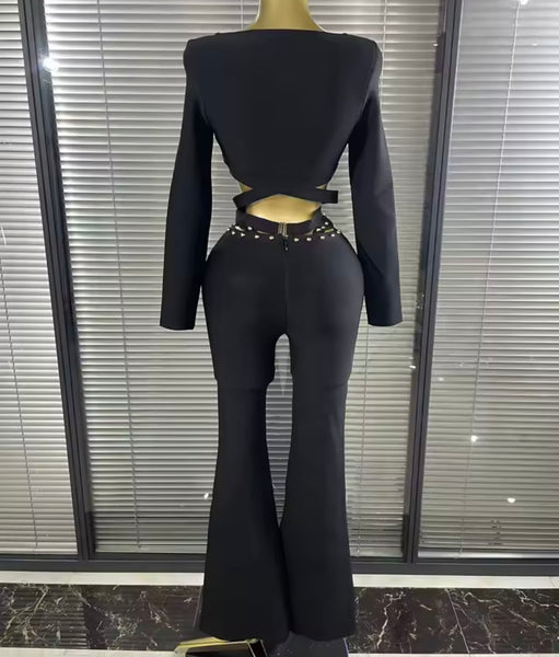 Women Black Full Sleeve Crop Rivet Two Piece Pant Set