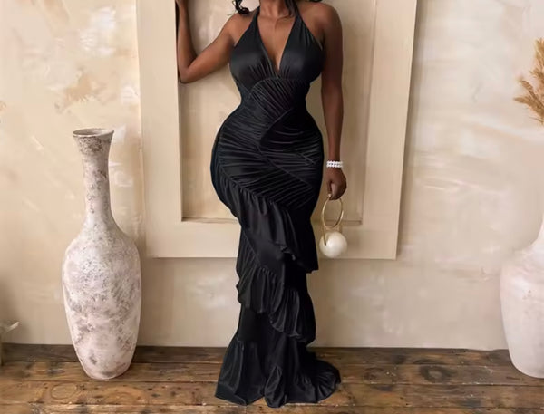 Women Sexy Halter Sleeveless Ruffled Maxi Dress
