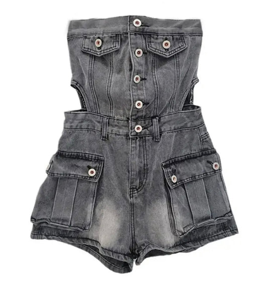 Women Fashion Strapless Button Cut Out Denim Romper