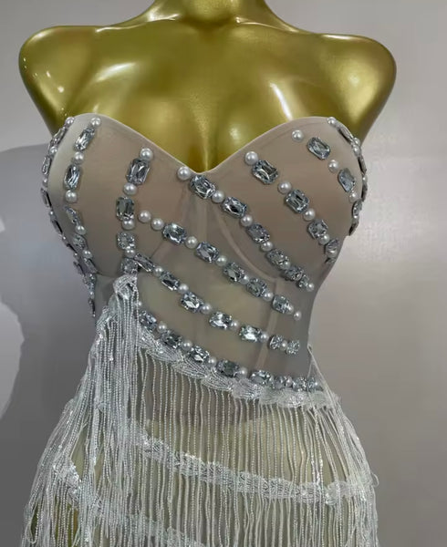 Women Sexy Rhinestone Mesh Strapless Gradient Fringe Tassel Dress
