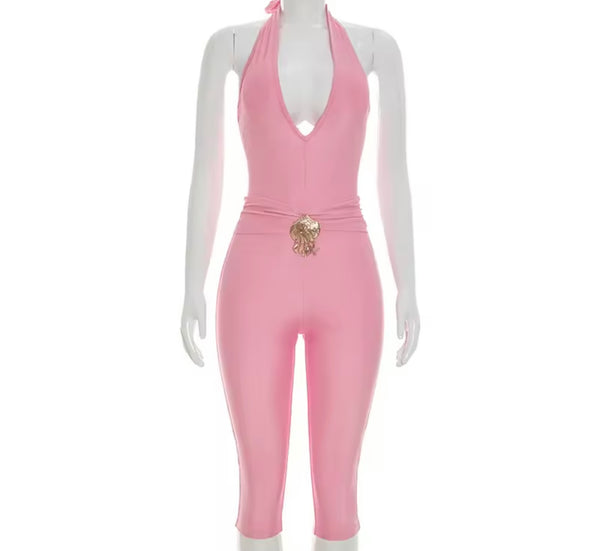 Women Halter Sleeveless Metal Sexy Capri Jumpsuit