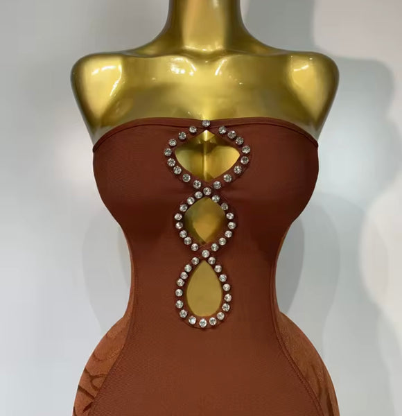 Women Brown Strapless Mesh Rhinestone Patchwork Dress