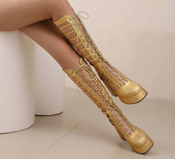 Women Fashion Cut Out Lace Up Knee High Boots