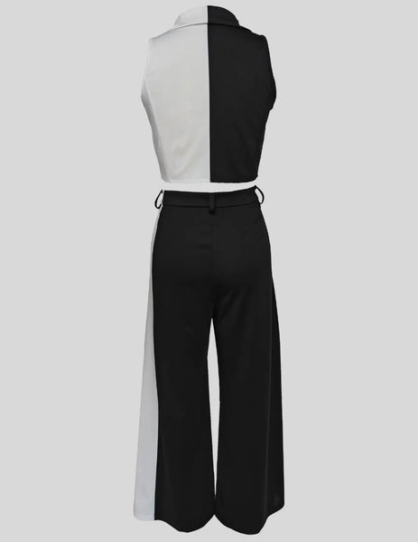 Women Fashion Sleeveless B&W Button Up Two Piece Pant Set