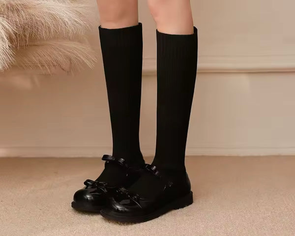 Women Fashion Black Bow Sock Flat Ankle/Mid Calf Boots