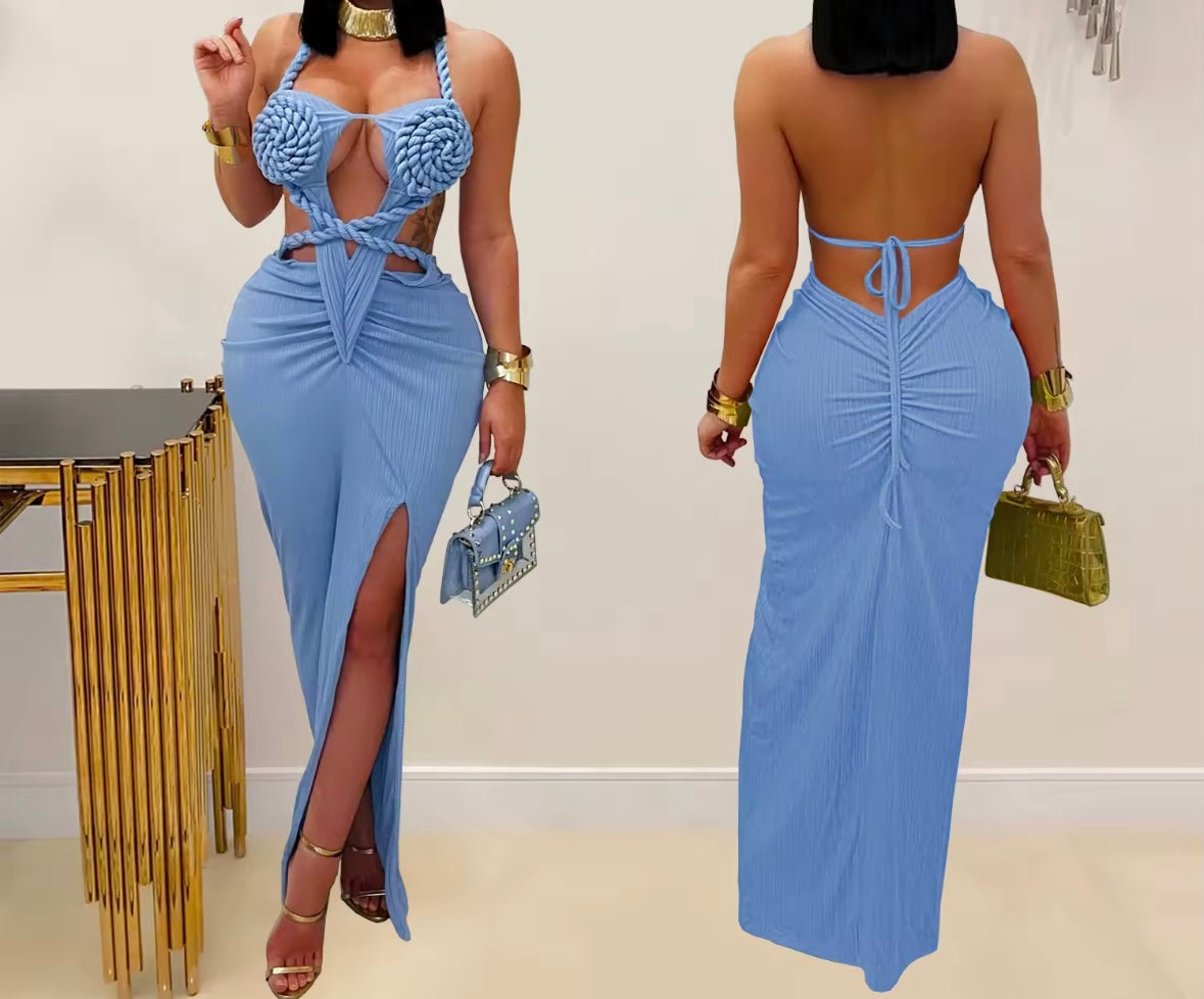 Women Halter Sleeveless Open Back Color Sexy Maxi Dress