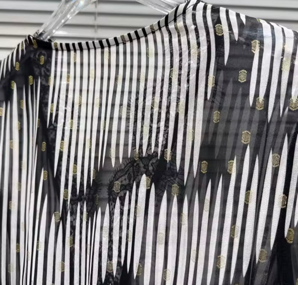 Women B&W Striped Ruffle Full Sleeve Dress