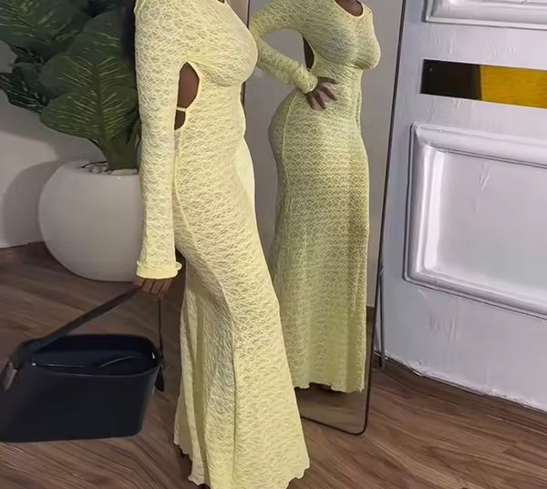 Women Yellow Lace Open Back Full Sleeve Sexy Maxi Dress