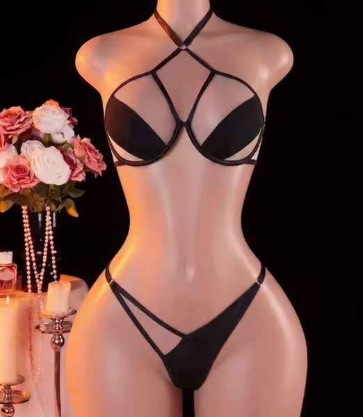 Women Sexy Black Halter Cut Out Lingerie Set