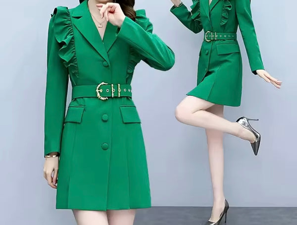 Women Color Fashion Ruffle Belted Trench Jacket