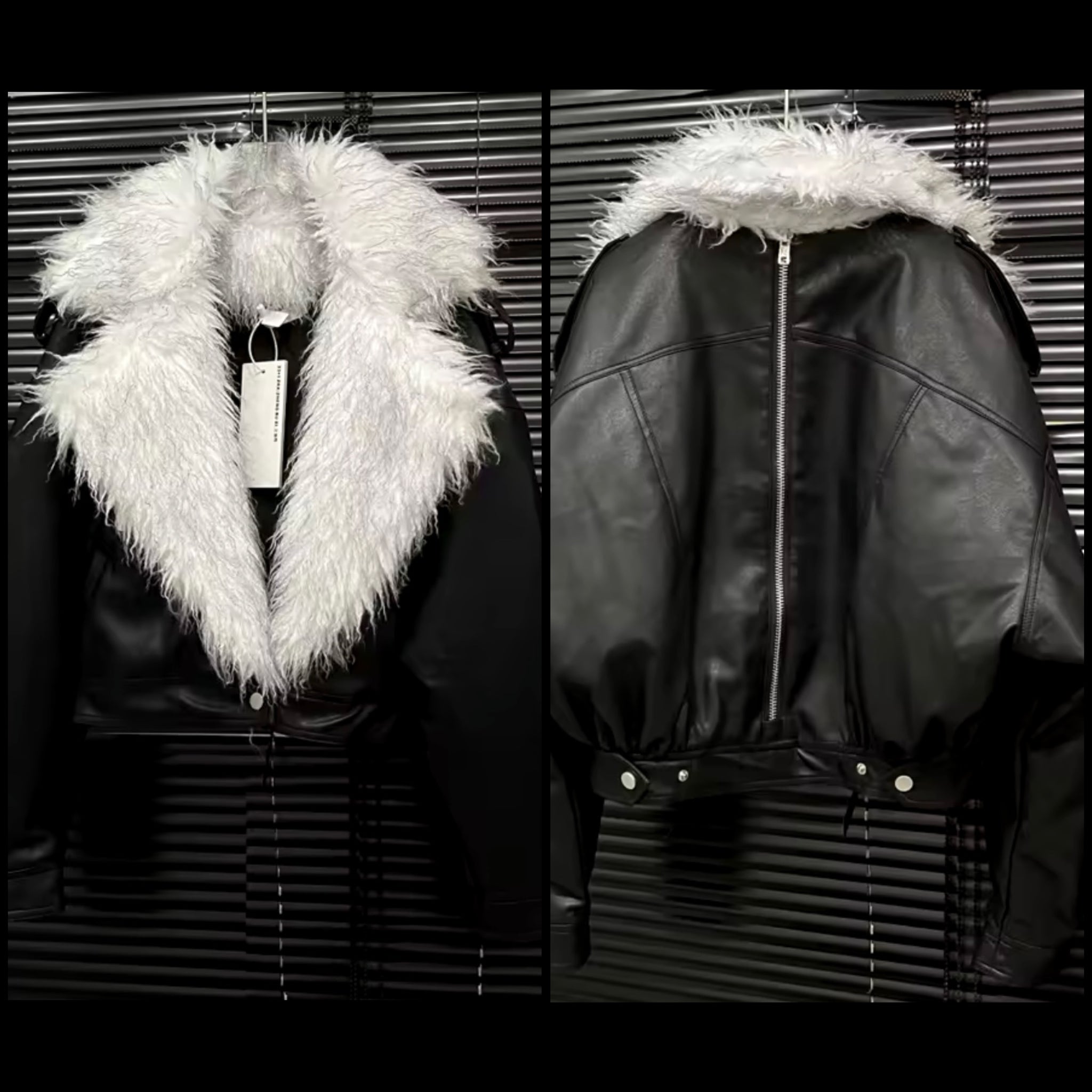 Women B&W Fur Faux Leather Back Zipper Jacket