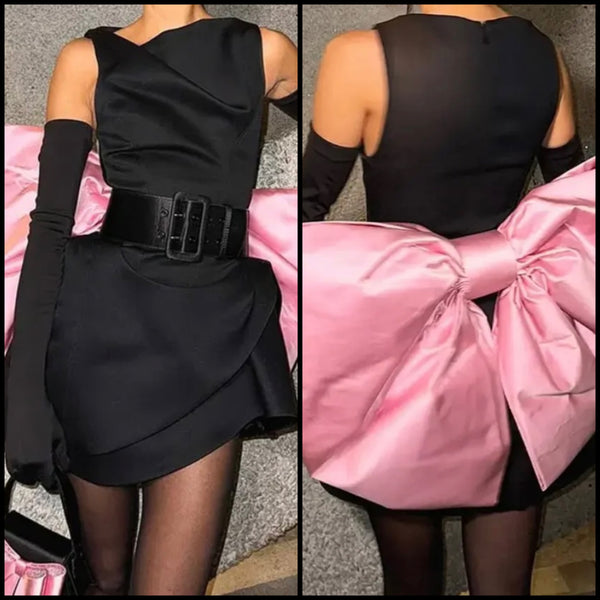 Women Sexy Black Belted Pink Bow Sleeveless Dress